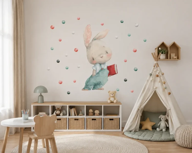 naklejki-na-ścianę-króliczek-z-książką-kropki-50x100cm.webp