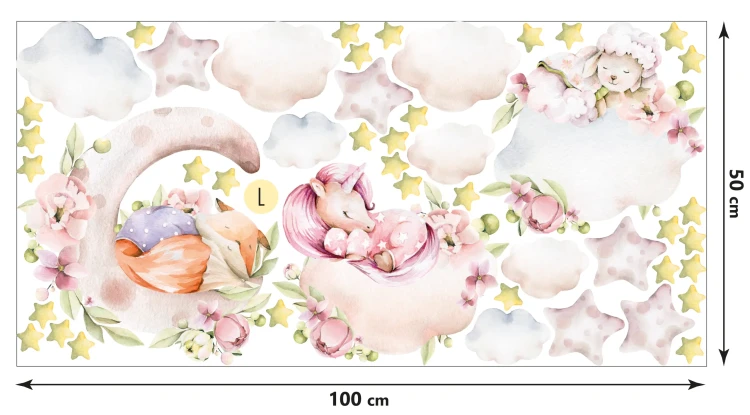 naklejki-na-ściany-zwierzątka-jednorożec-lisek-owieczka-chmurki-50-100cm.webp