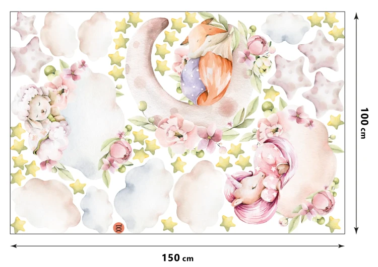 naklejki-na-ściany-zwierzątka-jednorożec-lisek-owieczka-chmurki-150-100cm.webp