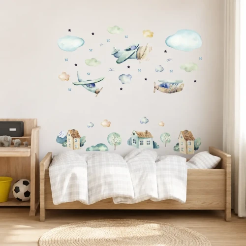 naklejki-na-ścianę-samolot-domki-drzewa-chmurki-50x100cm.webp