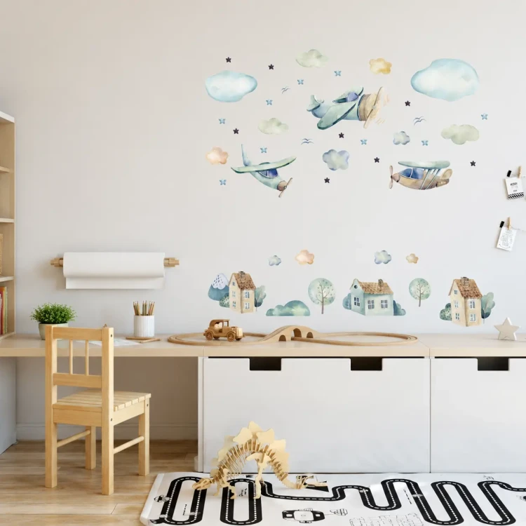 naklejki-na-ścianę-samolot-domki-drzewa-chmurki-50x100cm.webp