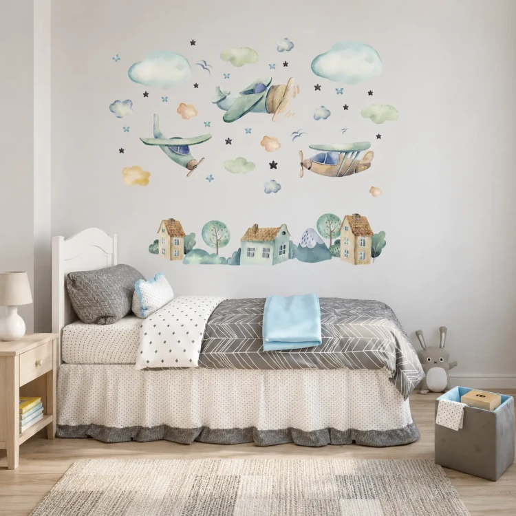 naklejki-na-ścianę-samolot-domki-drzewa-chmurki-100x100cm.webp