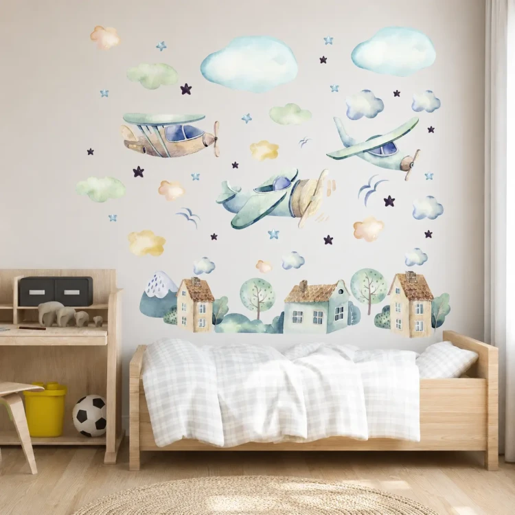 4-naklejki-na-ścianę-samolot-domki-drzewa-chmurki-150x100cm.webp