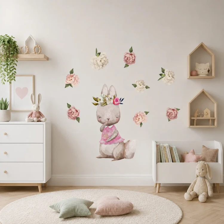 naklejki-na-ściany-króliczek-piwonie-liście-50x100cm.webp