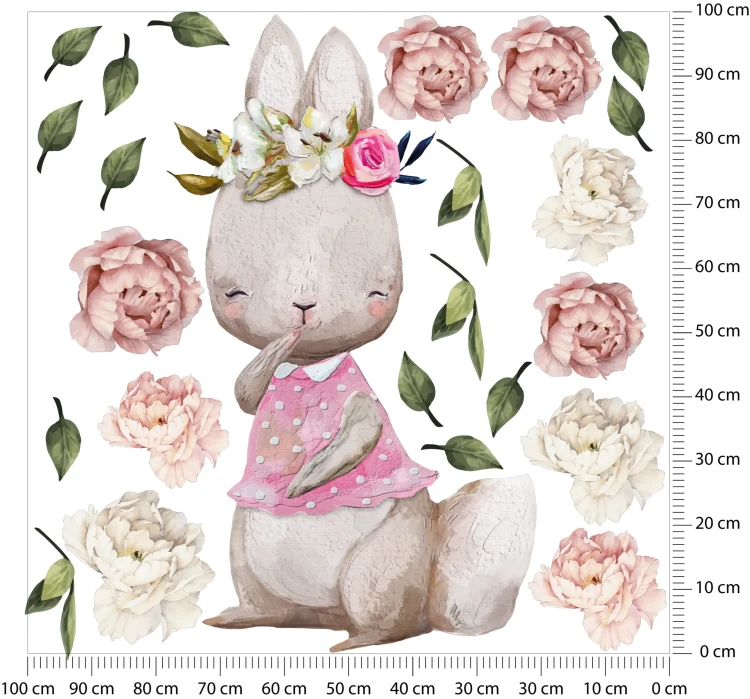 naklejki-na-ściany-króliczek-piwonie-liście-100x100cm.webp