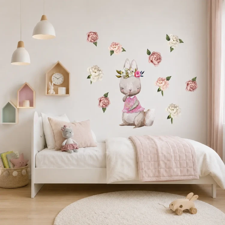 naklejki-na-ściany-króliczek-piwonie-liście-100x100cm.webp