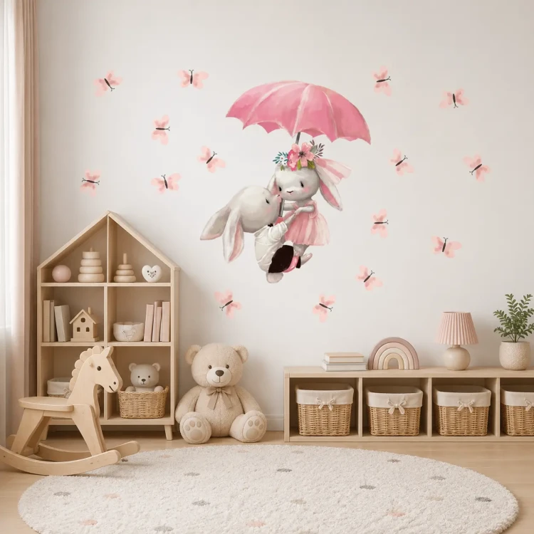 naklejki-na-ścianę-króliczki-motylki-różowe-100x100cm .webp