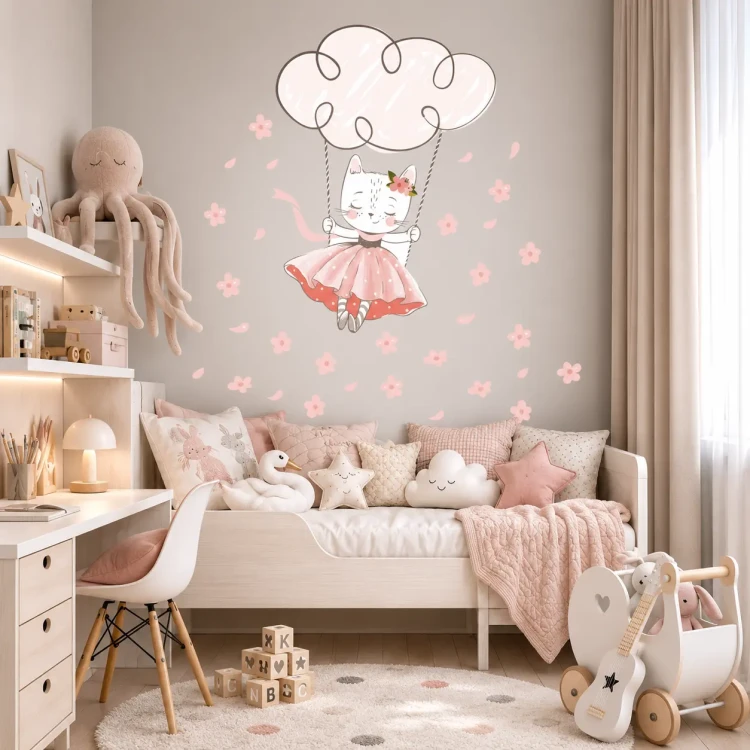 naklejki-na-ścianę-kotek-baletnica-chmurka-kwiaty-100x100cm.webp