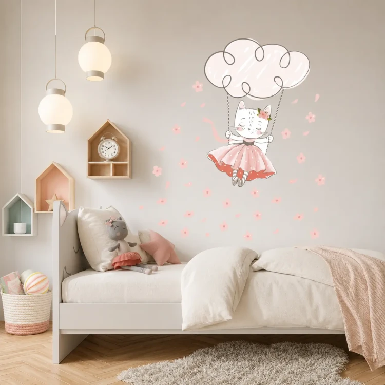 naklejki-na-ścianę-kotek-baletnica-chmurka-kwiaty-100x100cm.webp
