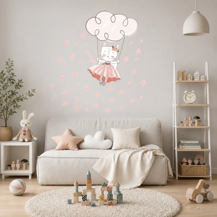 naklejki-na-ścianę-kotek-baletnica-chmurka-kwiaty-100x100cm.webp