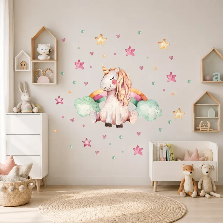 naklejki-na-ścianę-jednorożce-gwiazdki-tęcza-100x100cm .webp