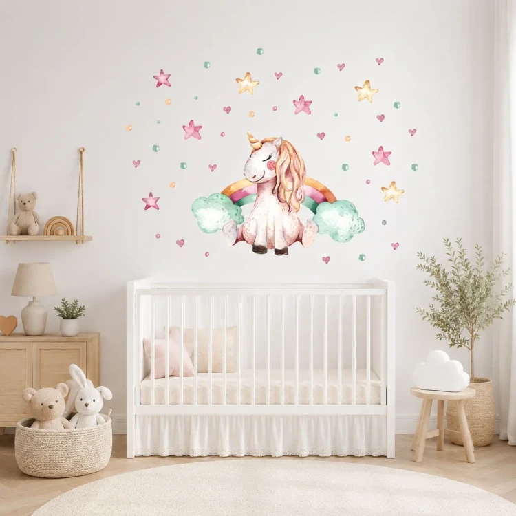 naklejki-na-ścianę-jednorożce-gwiazdki-tęcza-100x100cm .webp