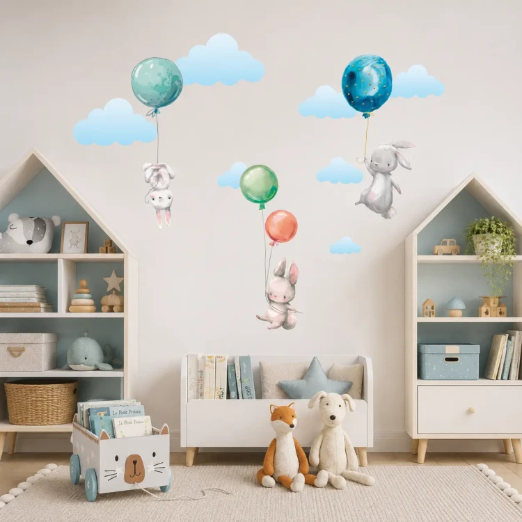 naklejki-na-ścianę-króliczki-balony-kolorowe-100x100cm.webp