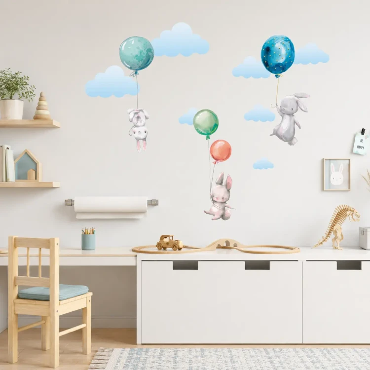 naklejki-na-ścianę-króliczki-balony-kolorowe-100x100cm.webp