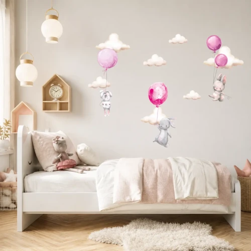 2-naklejki-na-ścianę-króliczki-balony-różowe-100x100cm.webp