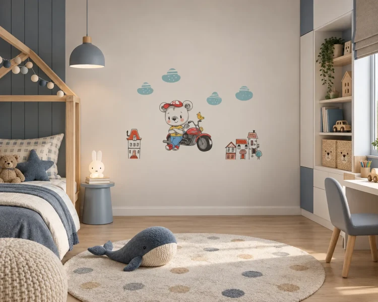 naklejki-na-ścianę-miś-na-motocyklu-i-domki-50x100cm.webp