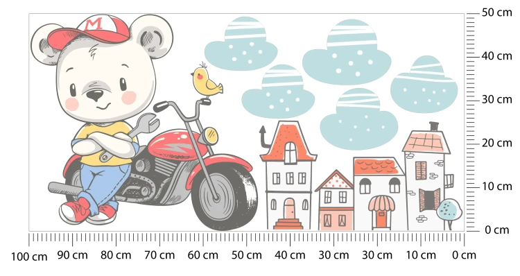 naklejki-na-ścianę-miś-na-motocyklu-i-domki-50x100cm.webp
