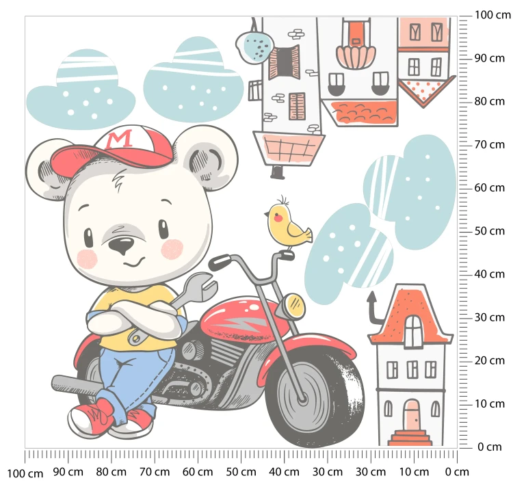 naklejki-na-ścianę-miś-na-motocyklu-i-domki-100x100cm.webp