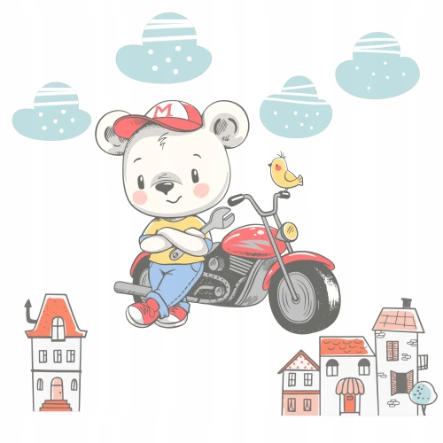 naklejki-na-ścianę-miś-na-motocyklu-i-domki-150x100cm.webp