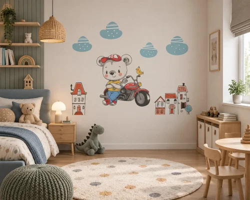 naklejki-na-ścianę-miś-na-motocyklu-i-domki-150x100cm.webp