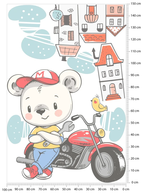 naklejki-na-ścianę-miś-na-motocyklu-i-domki-150x100cm.webp