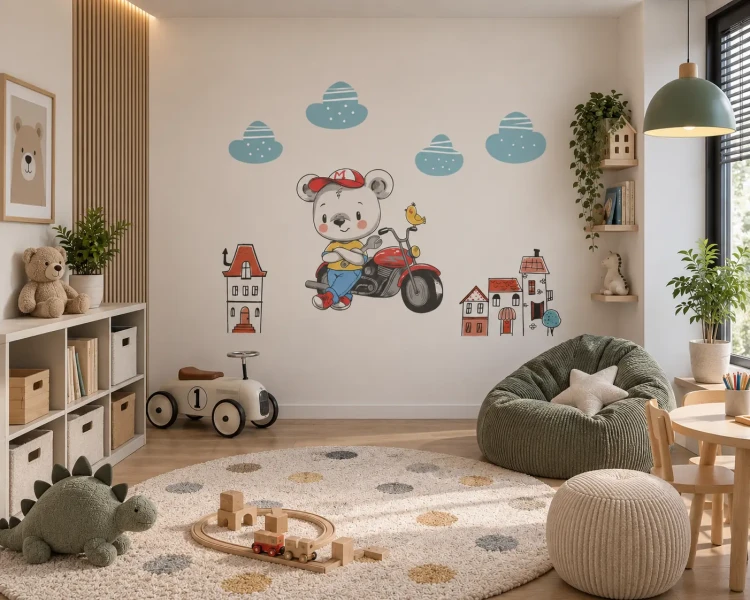 naklejki-na-ścianę-miś-na-motocyklu-i-domki-150x100cm.webp