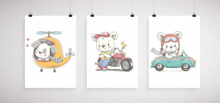plakat-do-pokoju-dziecka-3-sztuki-A3-misie-i-pojazdy.webp