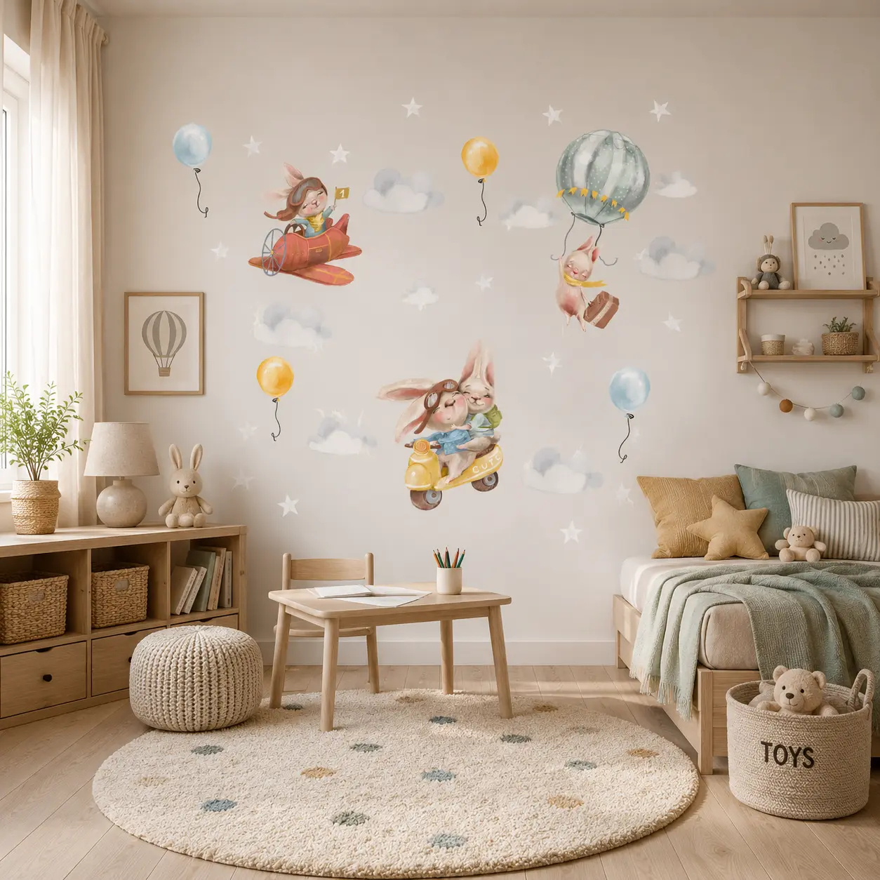naklejki na ściany króliczki balony chmurki pojazdy