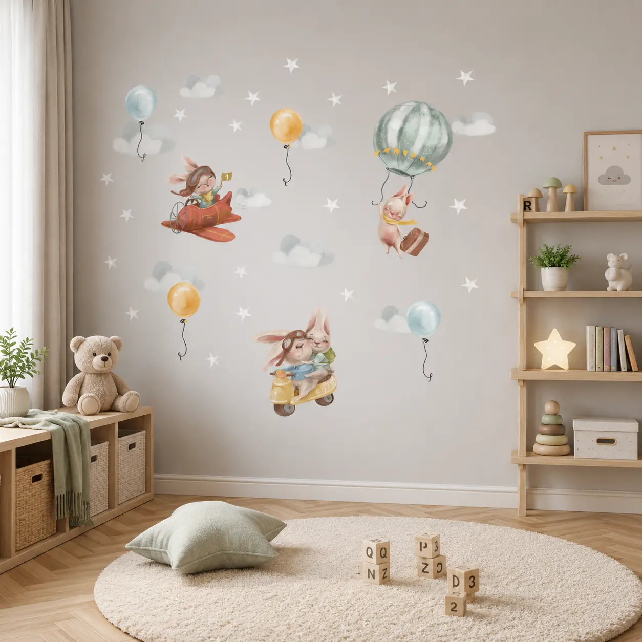 naklejki na ściany króliczki balony chmurki pojazdy